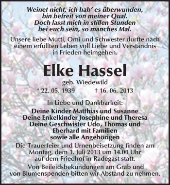 Traueranzeige von Elke Hassel von Mitteldeutsche Zeitung Köthen
