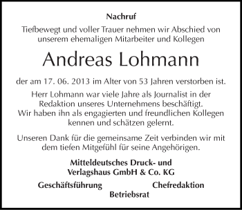 Traueranzeige von Andreas Lohmann von Mitteldeutsche Zeitung Halle/Saalkreis
