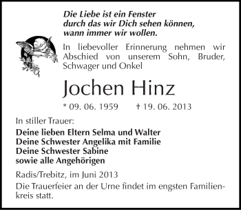 Traueranzeige von Jochen Hinz von Mitteldeutsche Zeitung Wittenberg