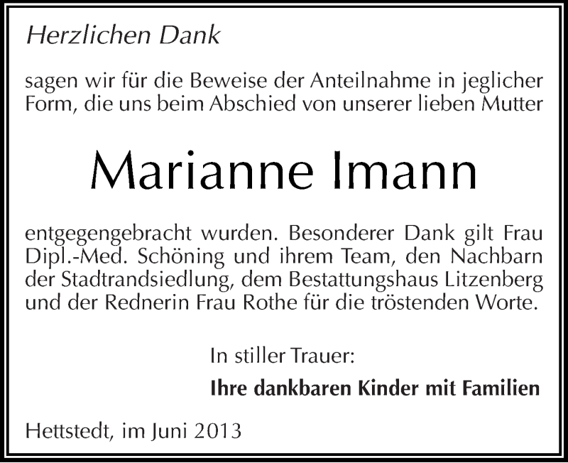  Traueranzeige für Marianne Imann vom 22.06.2013 aus Mitteldeutsche Zeitung Aschersleben