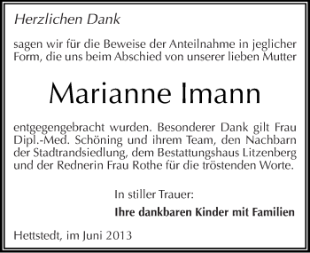 Traueranzeige von Marianne Imann von Mitteldeutsche Zeitung Aschersleben