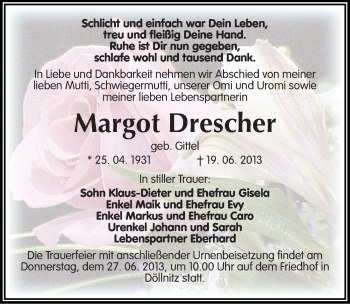 Traueranzeige von Margot Drescher von Mitteldeutsche Zeitung Halle/Saalkreis