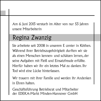 Traueranzeige von Regina Zwanzig von Mitteldeutsche Zeitung Köthen
