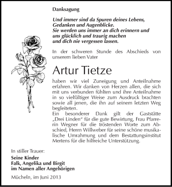 Traueranzeige von Artur Tietze von Mitteldeutsche Zeitung