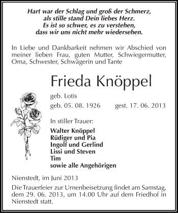 Traueranzeige von Frieda Knöppel von Mitteldeutsche Zeitung Sangerhausen