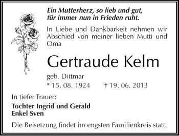 Traueranzeige von Gertraude Kelm von Mitteldeutsche Zeitung Merseburg/Querfurt