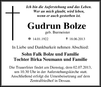 Traueranzeige von Gudrun Bolze von Mitteldeutsche Zeitung Dessau-Roßlau
