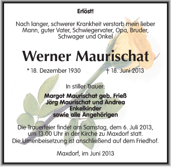 Traueranzeige von Werner Maurischat von Mitteldeutsche Zeitung Köthen