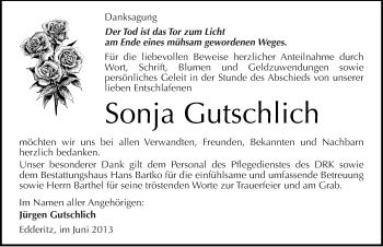 Traueranzeige von Sonja Gutschlich von Mitteldeutsche Zeitung Köthen