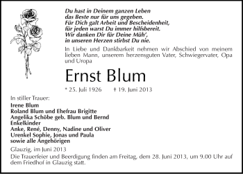 Traueranzeige von Ernst Blum von Mitteldeutsche Zeitung Köthen