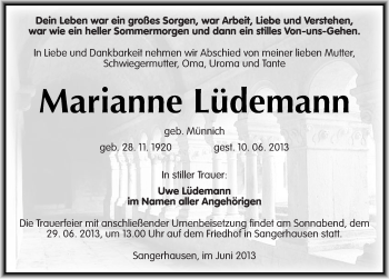 Traueranzeige von Marianne Lüdemann von Mitteldeutsche Zeitung Sangerhausen
