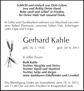 Traueranzeige von Gerhard Kahle von Mitteldeutsche Zeitung Merseburg/Querfurt