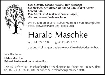 Traueranzeige von Harald Maschke von Mitteldeutsche Zeitung Sangerhausen