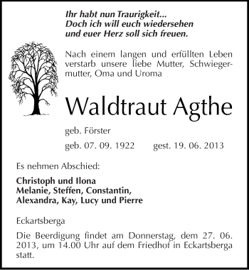 Traueranzeige von Waldtraut Agthe von Mitteldeutsche Zeitung Naumburg/Nebra