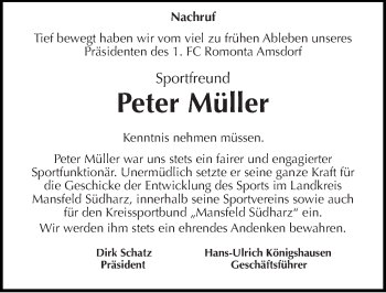 Traueranzeige von Peter Müller von Mitteldeutsche Zeitung Aschersleben