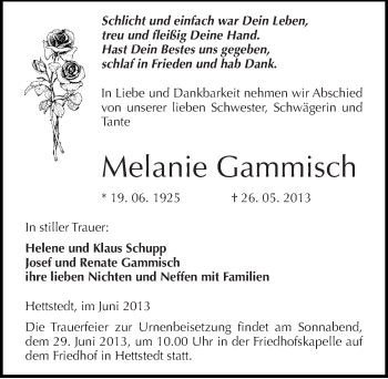 Traueranzeige von Melanie Gammisch von Mitteldeutsche Zeitung Aschersleben