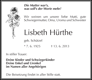 Traueranzeige von Lisbeth Hürthe von Mitteldeutsche Zeitung Bitterfeld