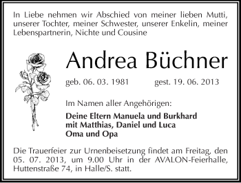 Traueranzeige von Andrea Büchner von Mitteldeutsche Zeitung Halle/Saalkreis