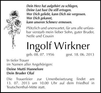 Traueranzeige von Ingolf Wirkner von Mitteldeutsche Zeitung Halle/Saalkreis