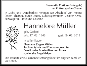 Traueranzeige von Hannelore Müller von Mitteldeutsche Zeitung Merseburg/Querfurt