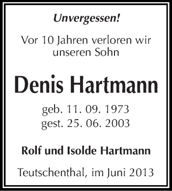 Traueranzeige von Denis Hartmann von Mitteldeutsche Zeitung Halle/Saalkreis