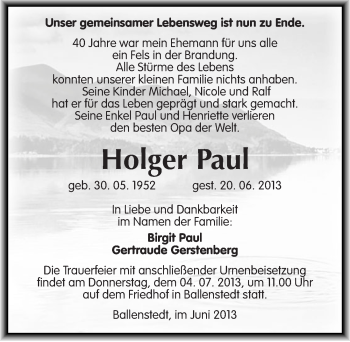 Traueranzeige von Holger Paul von Mitteldeutsche Zeitung Quedlinburg