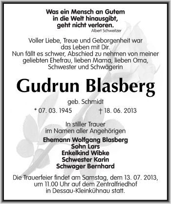 Traueranzeige von Gudrun Blasberg von Mitteldeutsche Zeitung Dessau-Roßlau