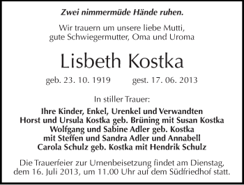 Traueranzeige von Lisbeth Kostka von Mitteldeutsche Zeitung Halle/Saalkreis