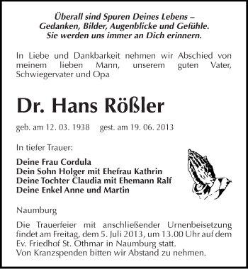 Traueranzeige von Hans Rößler von Mitteldeutsche Zeitung Naumburg/Nebra