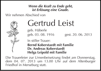 Traueranzeige von Gertrud Leist von Mitteldeutsche Zeitung Merseburg/Querfurt