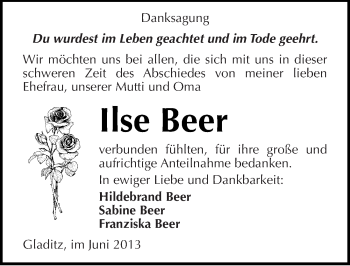 Traueranzeige von Ilse Beer von Mitteldeutsche Zeitung Zeitz