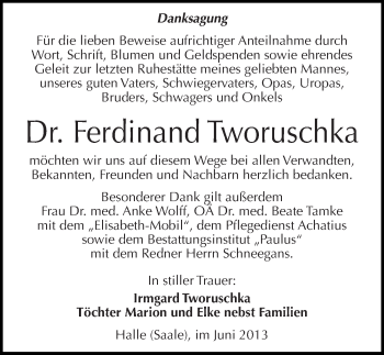 Traueranzeige von Ferdinand Tworuschka von Mitteldeutsche Zeitung Halle/Saalkreis