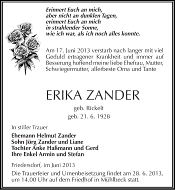 Traueranzeige von Erika Zander von Mitteldeutsche Zeitung Bitterfeld