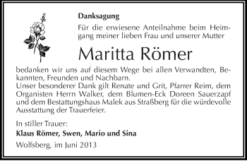 Traueranzeige von Maritta Römer von Mitteldeutsche Zeitung Sangerhausen