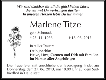 Traueranzeige von Marlene Titze von Mitteldeutsche Zeitung Halle/Saalkreis