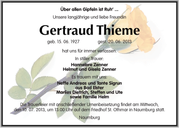 Traueranzeige von Gertraud Thieme von Mitteldeutsche Zeitung Naumburg/Nebra