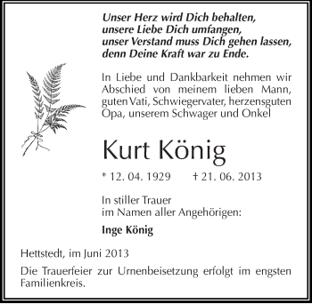 Traueranzeige von Kurt König von Mitteldeutsche Zeitung Aschersleben