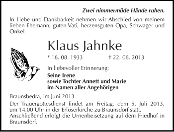 Traueranzeige von Klaus Jahnke von Mitteldeutsche Zeitung Merseburg/Querfurt