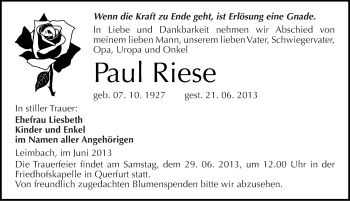 Traueranzeige von Paul Riese von Mitteldeutsche Zeitung Merseburg/Querfurt