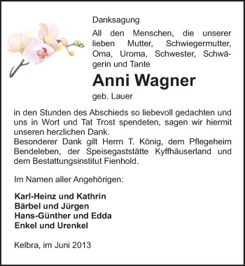 Traueranzeige von Anni Wagner von Mitteldeutsche Zeitung Sangerhausen