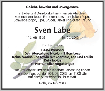 Traueranzeige von Sven Labe von Mitteldeutsche Zeitung Halle/Saalkreis