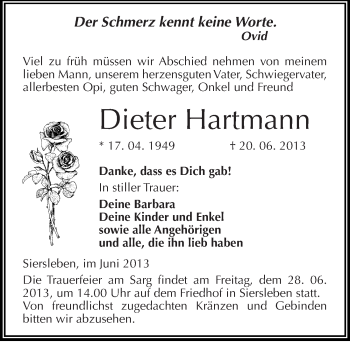 Traueranzeige von Dieter Hartmann von Mitteldeutsche Zeitung Aschersleben