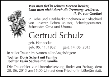 Traueranzeige von Gertrud Schulz von Mitteldeutsche Zeitung Halle/Saalkreis