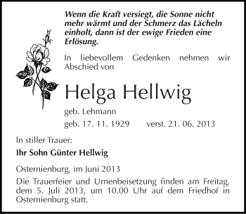 Traueranzeige von Helga Hellwig von Mitteldeutsche Zeitung Köthen