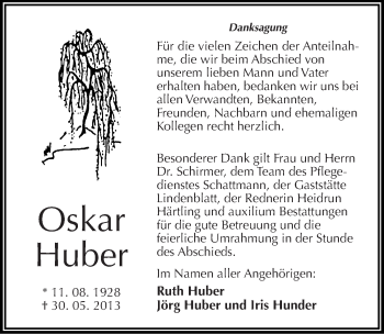 Traueranzeige von Oskar Huber von Mitteldeutsche Zeitung Halle/Saalkreis