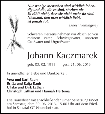 Traueranzeige von Johann Kaczmarek von Mitteldeutsche Zeitung Halle/Saalkreis
