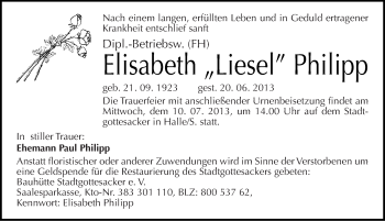Traueranzeige von Elisabeth Philipp von Mitteldeutsche Zeitung Halle/Saalkreis