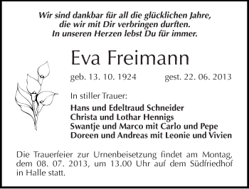 Traueranzeige von Eva Freimann von Mitteldeutsche Zeitung Halle/Saalkreis
