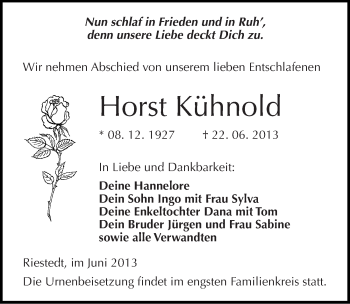Traueranzeige von Horst Kühnold von Mitteldeutsche Zeitung Sangerhausen