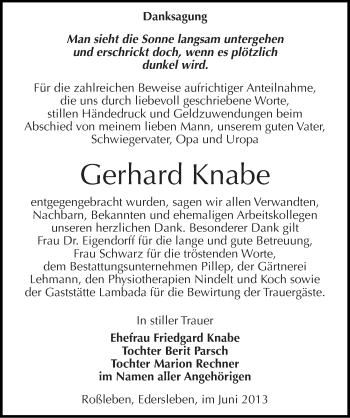 Traueranzeige von Gerhard Knabe von Mitteldeutsche Zeitung Sangerhausen